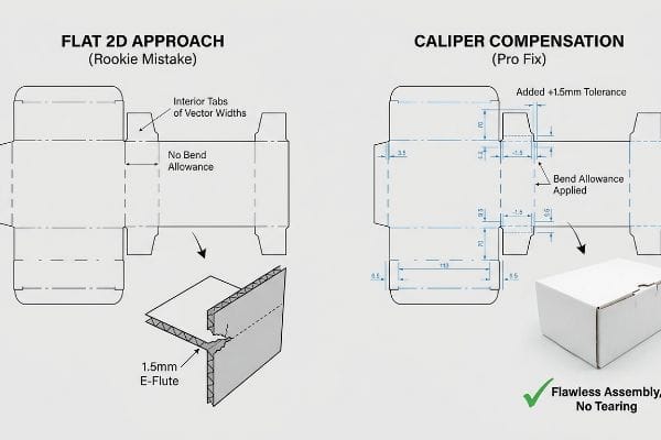Caliper Compensation Fix Packaging dieline comparison: Flat 2D Approach (Rookie Mistake) causes 1.5mm E-Flute tearing; Caliper Compensation (Pro Fix) with +1.5mm tolerance ensures flawless assembly.