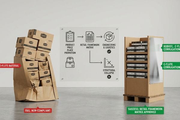 Corrugation Strength Comparison E-Flute display 'Fail: Non-Compliant' collapsed; C-Flute display 'Success: Retail Framework Matrix Approved'.