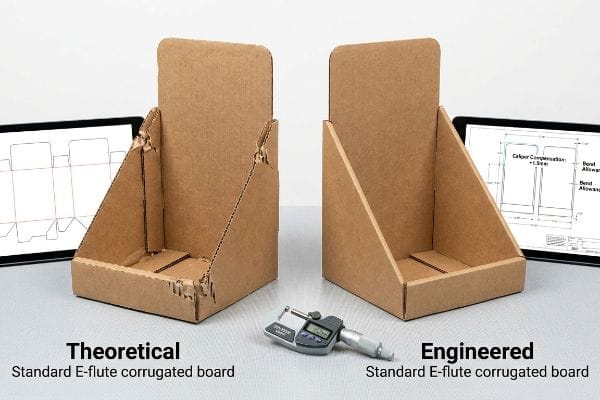 Engineered vs. Theoretical Displays E-flute corrugated display trays: 'Theoretical' (torn) vs. 'Engineered' (smooth), with micrometer and caliper compensation.