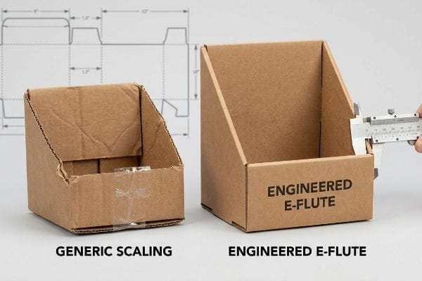 Engineered E-Flute Display Two cardboard display boxes, one Generic Scaling with tape, the other Engineered E-Flute measured by a caliper, illustrating proper E-flute design.
