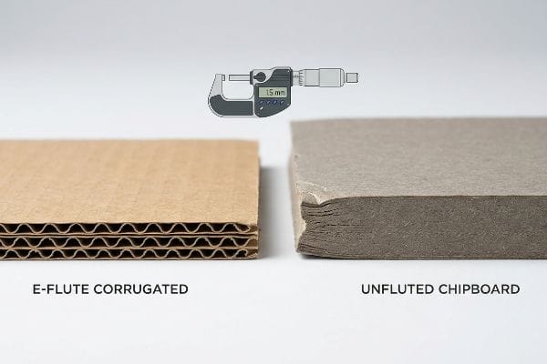 E-flute corrugated board and unfluted chipboard side-by-side, with a digital micrometer showing a 1.5 mm measurement.