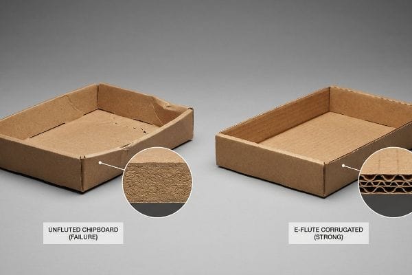 Eフルートの強度比較 2つの空の段ボールトレイは、Eフルート段ボールの堅牢な強度と比較して、非フルートチップボードの構造的な欠陥を示している。.