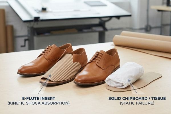 E-Flute Insert in a brown leather shoe for Kinetic Shock Absorption, contrasted with Solid Chipboard/Tissue for Static Failure.