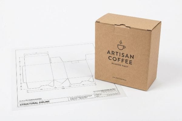 Coffee Box Dieline Design Showcasing an Artisan Coffee roasted daily E-flute corrugated box with its structural dieline blueprint.