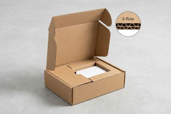 An open brown E-flute corrugated mailer box with an internal insert, showcasing the material's fluting.