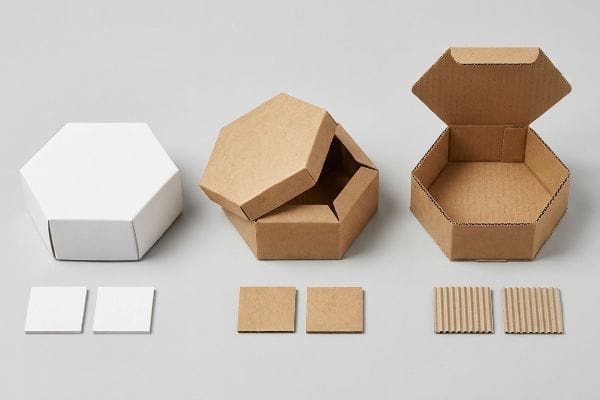 Hexagon Box Materials Hexagonal packaging materials displayed: white SBS, kraft paper, and corrugated E-flute boxes with matching samples.