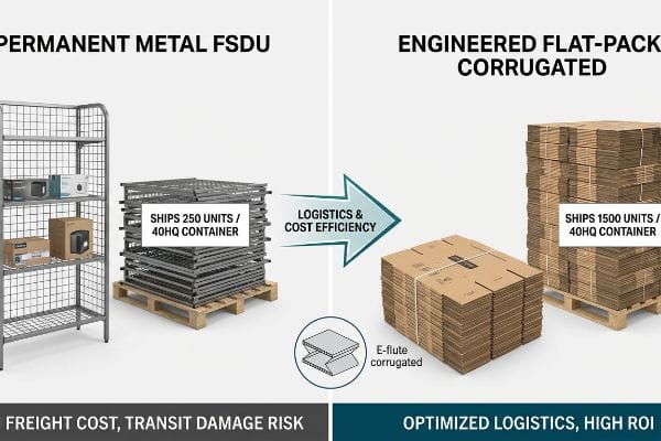 Permanent Metal FSDU shipping 250 units versus Engineered Flat-Pack Corrugated shipping 1500 units per 40HQ container, showing E-flute logistics efficiency.