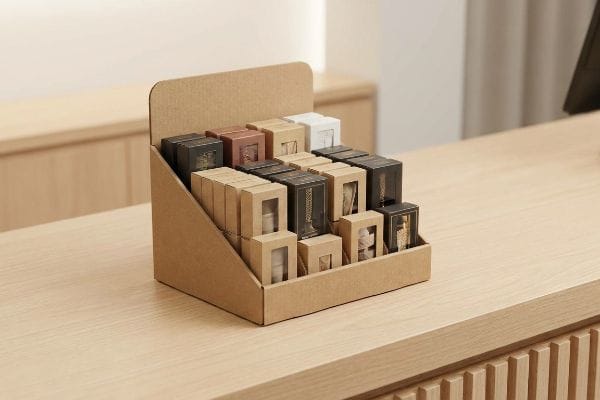 E-Flute Thekendisplay Ein brauner, mit E-Welle versehener Verkaufsdisplay-Aufsteller mit einer hellen Holztheke, gefüllt mit verschiedenen kleinen Produktboxen.