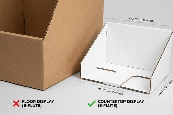Brown B-flute Floor Display box compared with a white E-flute Countertop Display, showing Max Width 12 Inches and Max Depth 10 Inches.