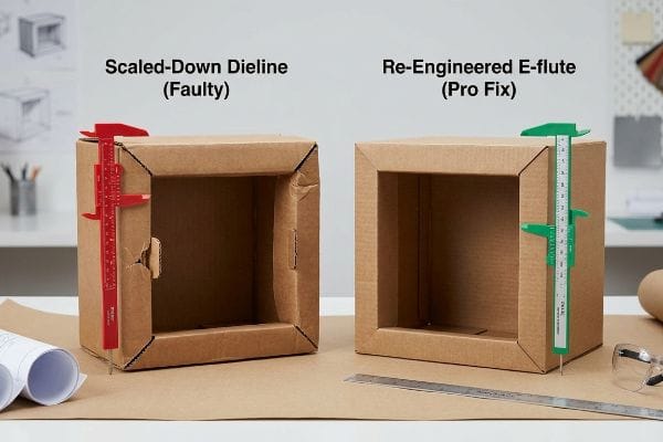Dieline Precision Comparison Brown cardboard display prototypes, showing a "Scaled-Down Dieline (Faulty)" box with a red caliper on a torn corner, contrasted with a "Re-Engineered E-flute (Pro Fix)" box with a green caliper on a precise fold.