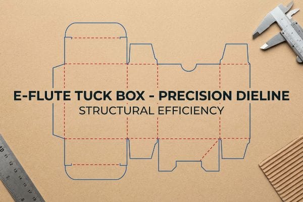 An overhead view of an E-Flute Tuck Box Precision Dieline on kraft paper, with a caliper, ruler, and corrugated cardboard, for Structural Efficiency.
