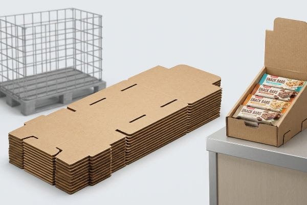 Flat-Pack Corrugated Displays Brown E-flute corrugated flat-pack displays stacked next to an assembled Snack Bars point-of-sale unit and a wire pallet.