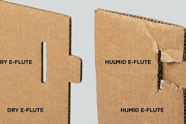 Humid E-Flute Damage Corrugated E-Flute cardboard, showing a precise Dry E-Flute slot versus a torn Humid E-Flute slot, highlighting moisture damage.