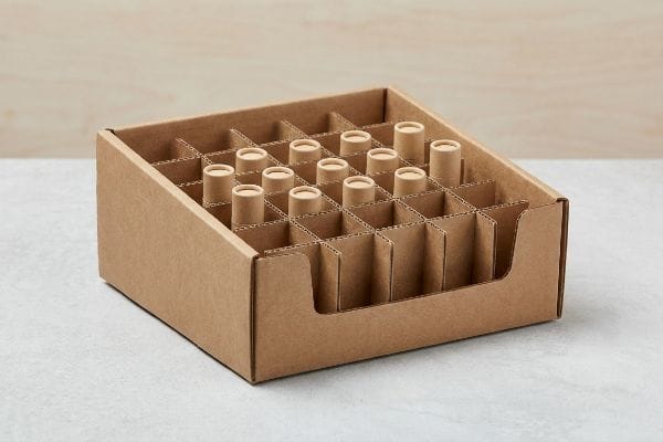 Lip Balm PDQ Tray Brown E-flute corrugated countertop PDQ tray with 25 compartments, each holding an empty cylindrical lip balm container tube.