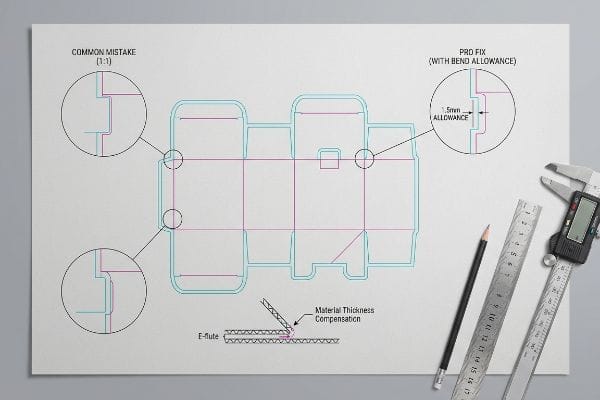 Box template dieline with Pro Fix 1.5mm bend allowance for E-flute material thickness compensation, contrasting Common Mistake.