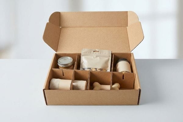 Pet Subscription Box Dividers Brown corrugated subscription box with e-flute modular dividers, neatly organizing pet treats, a jar, and rolled towels.