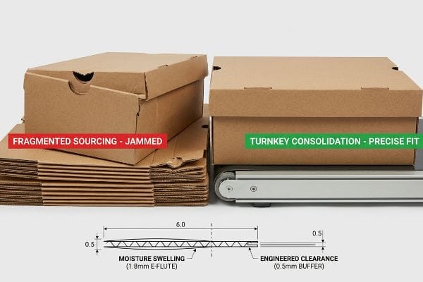 Packaging Fit Comparison Brown cardboard boxes show Fragmented Sourcing causing jammed assembly versus Turnkey Consolidation for precise fit. Diagram details 1.8mm E-Flute moisture swelling and 0.5mm Engineered Clearance.