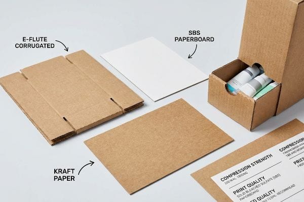 Packaging Material Options Various packaging materials, including E-Flute Corrugated, SBS Paperboard, and Kraft Paper, are displayed with labels detailing compression strength and print quality.