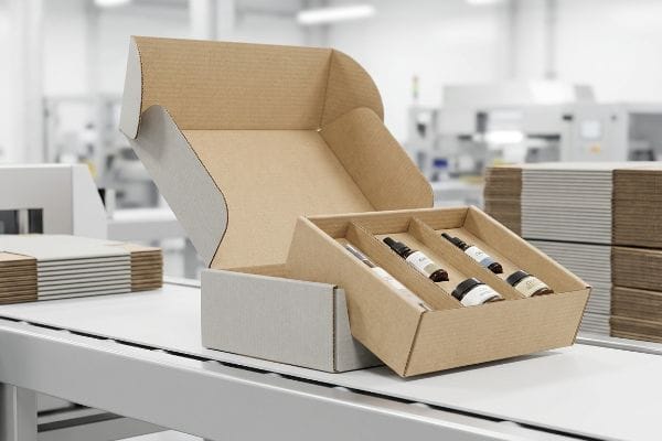 article-image Matte-finished E-flute corrugated cardboard dividers fit precisely into a custom-printed subscription box tray on a clean assembly surface.
