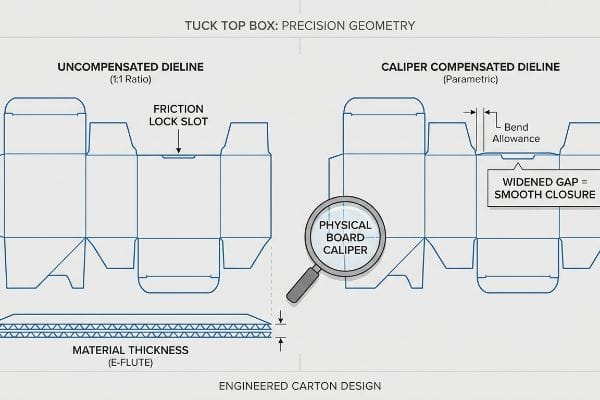 Precision Dieline Geometry Tuck Top Box dielines: Uncompensated vs. Caliper Compensated, showing E-Flute thickness and bend allowance.