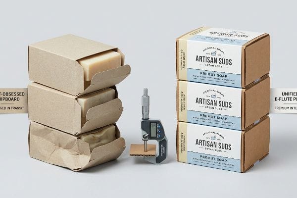Damaged Cost-Obsessed Shipboard soap boxes contrast with intact Artisan Suds Premut Soap E-Flute packaging, measured by a micrometer at 1.80mm.