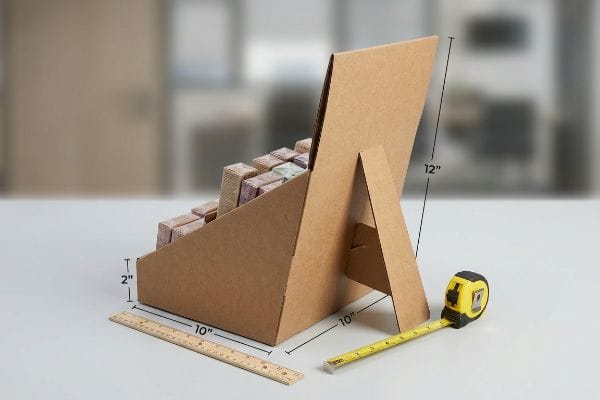 Brown E-flute cardboard display case with an extended easel back, holding small items. Dimensions: 2-inch lip, 10-inch depth, 12-inch height, measured with ruler and tape.