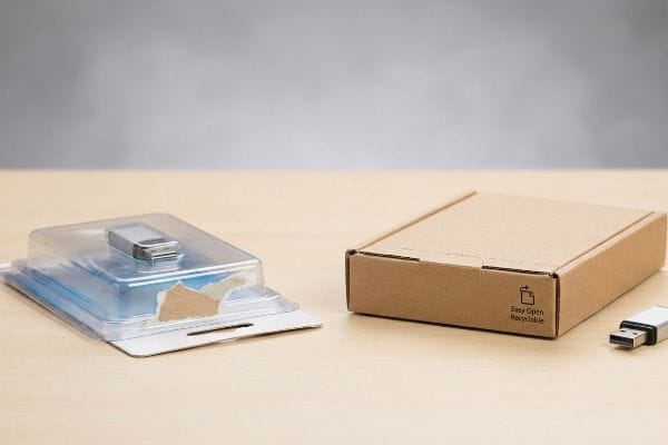 Contrasting packaging solutions, a torn traditional clamshell plastic blister pack with a USB drive next to an Easy Open Recyclable corrugated box and another USB.