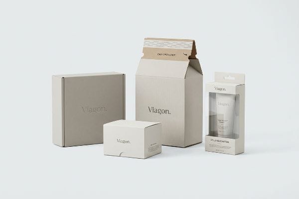 Viagon Packaging Assortment Viagon product packaging: open-top carton with Easy Open Strip, retail window box with Pull Tab Carton, and two minimalist closed boxes.