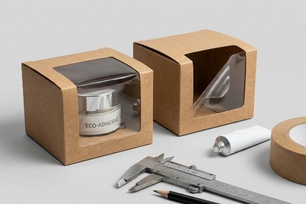 Emballage à fenêtre éco-adhésif Des boîtes à fenêtre en carton kraft, l'une contenant un pot d'adhésif écologique, l'autre vide, à côté d'un pied à coulisse et de ruban adhésif kraft.