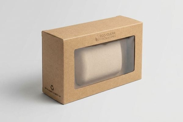 Brown kraft paper window box with a clear cellulose film, displaying a light beige product. Features "Eco-Clear Packaging" and "100% Recycled | FSC Certified" details.