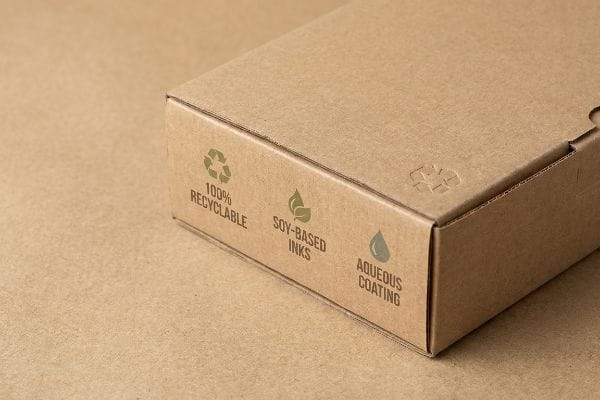 Eco-Friendly Packaging Features A brown corrugated box displays eco-friendly packaging features: 100% Recyclable, Soy-Based Inks, and Aqueous Coating.