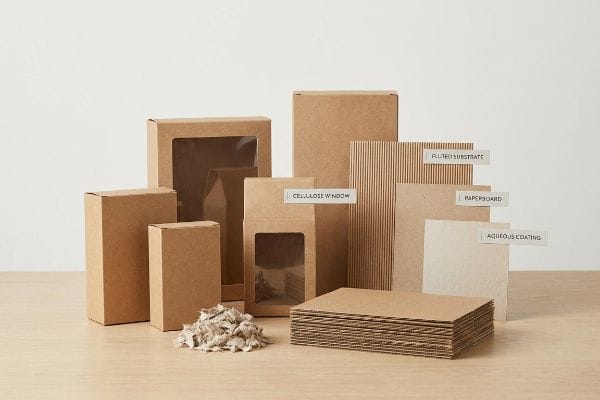 Eco-friendly packaging materials: Fluted Substrate, Cellulose Window boxes, Paperboard, and Aqueous Coating samples with various cardboard boxes and shredded filler.