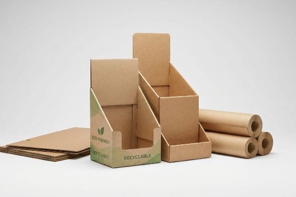 A collection of eco-friendly recyclable corrugated display boxes and kraft paper rolls on a white background, highlighting sustainable packaging solutions.