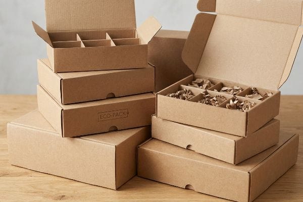 Kraft Eco-Pack Boxes Stacked brown kraft eco-friendly packaging boxes, some open with internal dividers and shredded paper, on a wooden table. One box is labeled "Eco-Pack".