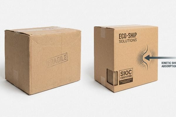 Eco-Ship SIOC Packaging Two corrugated boxes, one stamped Fragile, the other Eco-Ship Solutions SIOC Certified with Kinetic Shock Absorption branding.