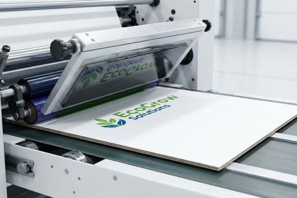 A white corrugated box is customized with the EcoGrow Solutions brand logo using a printing machine.