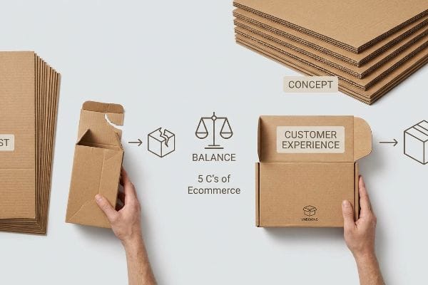 5 C's Ecommerce Packaging Corrugated packaging illustrates the 5 C's of Ecommerce: Cost leading to a damaged box, balanced with Concept and Customer Experience.