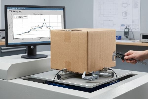 ECT 32 Vibrationstest Eine Wellpappschachtel wird auf einem Vibrationstisch einer ISTA-Dynamiksimulation unterzogen, gemessen mit einem digitalen Messschieber und Mikrometer, wobei ein Monitor ein Diagramm mit der ECT-Bewertung 32 anzeigt.