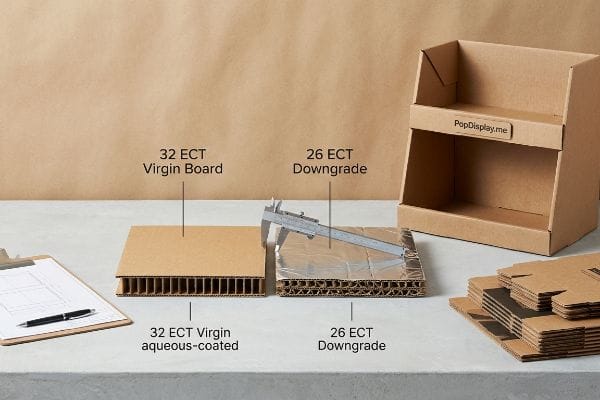 ECT Board Comparison Corrugated board samples: 32 ECT Virgin aqueous-coated and 26 ECT Downgrade with caliper, beside a PopDisplay.me display.