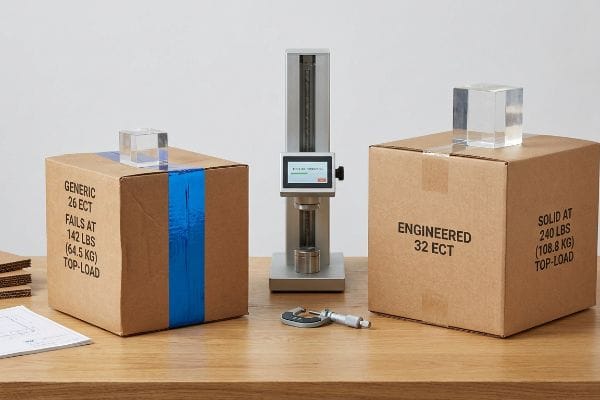 ECT Box Strength Comparison Corrugated boxes: 'Generic 26 ECT Fails 142 Lbs' vs. 'Engineered 32 ECT Solid 240 Lbs'. Compression tester shown.