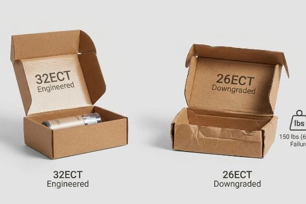 32ECT vs 26ECT Boxes Sturdy 32ECT Engineered corrugated box with product next to a crushed 26ECT Downgraded box, showing 150 lbs (68 kg) failure.