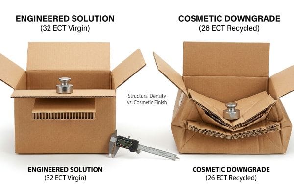 A sturdy Engineered Solution 32 ECT Virgin box with a caliper, contrasts a collapsed Cosmetic Downgrade 26 ECT Recycled box under weight.