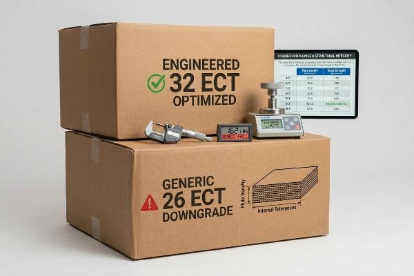 ECT Box Strength Test Cardboard boxes illustrating "Engineered 32 ECT Optimized" versus "Generic 26 ECT Downgrade," with a micrometer and a digital display showing "162 LBS Burst Fail."