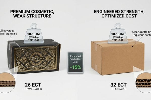 ECT Strength Cost 26 ECT downgraded foil box vs. 32 ECT standard aqueous box, 187.5 lbs top-load, 15% cost reduction.