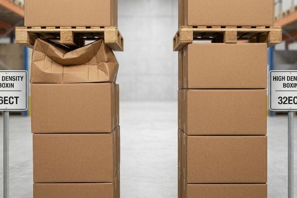 Corrugated boxes show 26ECT Density Boxin crushing under a pallet, contrasting with stable 32ECT High Density Boxin.