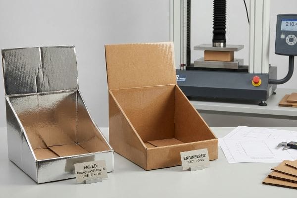 ECT Display Strength Test Silver foiled (Failed 26ECT) and natural (Engineered 32ECT + Gloss) corrugated display boxes, with a ZwickRoell compression tester showing 210.4.