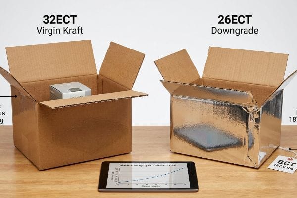 材料の完全性コスト 32ECTのバージンクラフト箱と、BCT 187.5ポンドのタグが付いた26ECTのダウングレードホイル箱が並んでおり、材料の完全性を示している。.