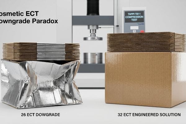 A crumpled 26 ECT Downgrade box beside an intact 32 ECT Engineered Solution box, demonstrating the Cosmetic ECT Downgrade Paradox during a TAPPI T811 Compression Test.