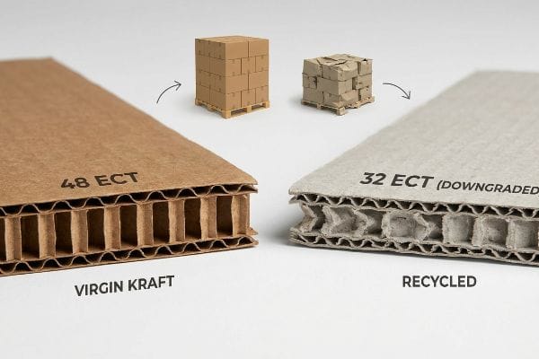 ECT Cardboard Strength Comparison Brown 48 ECT Virgin Kraft double wall cardboard versus crushed 32 ECT Downgraded Recycled board, showing structural difference.