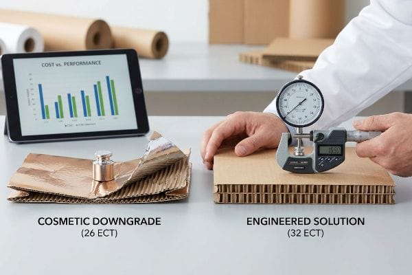 ECT Downgrade vs Solution Crumpled Cosmetic Downgrade (26 ECT) corrugated board compared to a sturdy Engineered Solution (32 ECT) measured by a micrometer (16.90), with a 'Cost vs. Performance' chart.